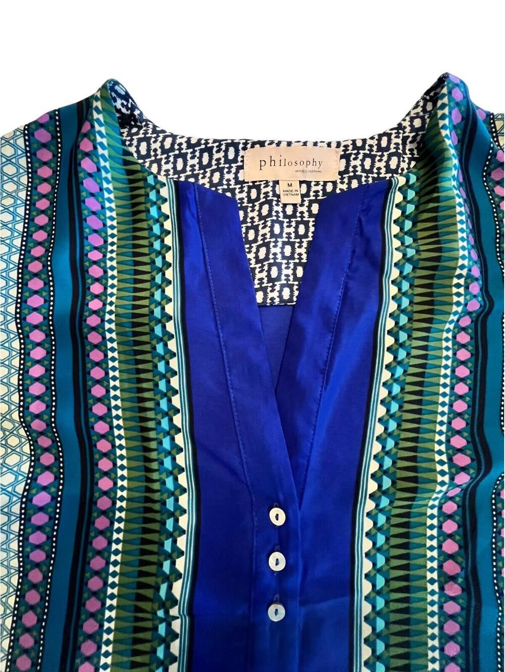 Philosophy Blouse Tunic Geometric Colorful Pockets V-neck Collar Sz Med - Picture 8 of 9